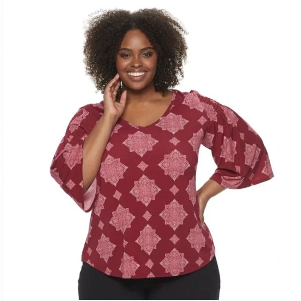 Evri Smocked Bell Sleeve Bohemian Print Top Romantic Maroon‎ Red Plus Size 2X